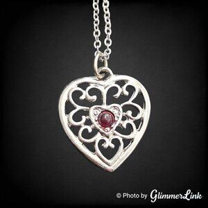 Vintage Harriet Carter Genuine Red Stone Silver Tone Heart Pendant Necklace